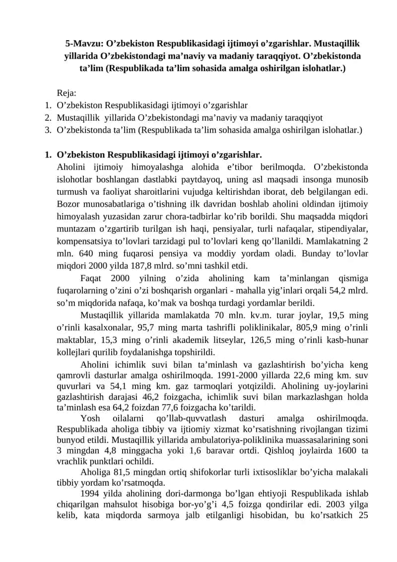 O'zbekiston Respublikasidagi ijtimoiy o'zgarishlar