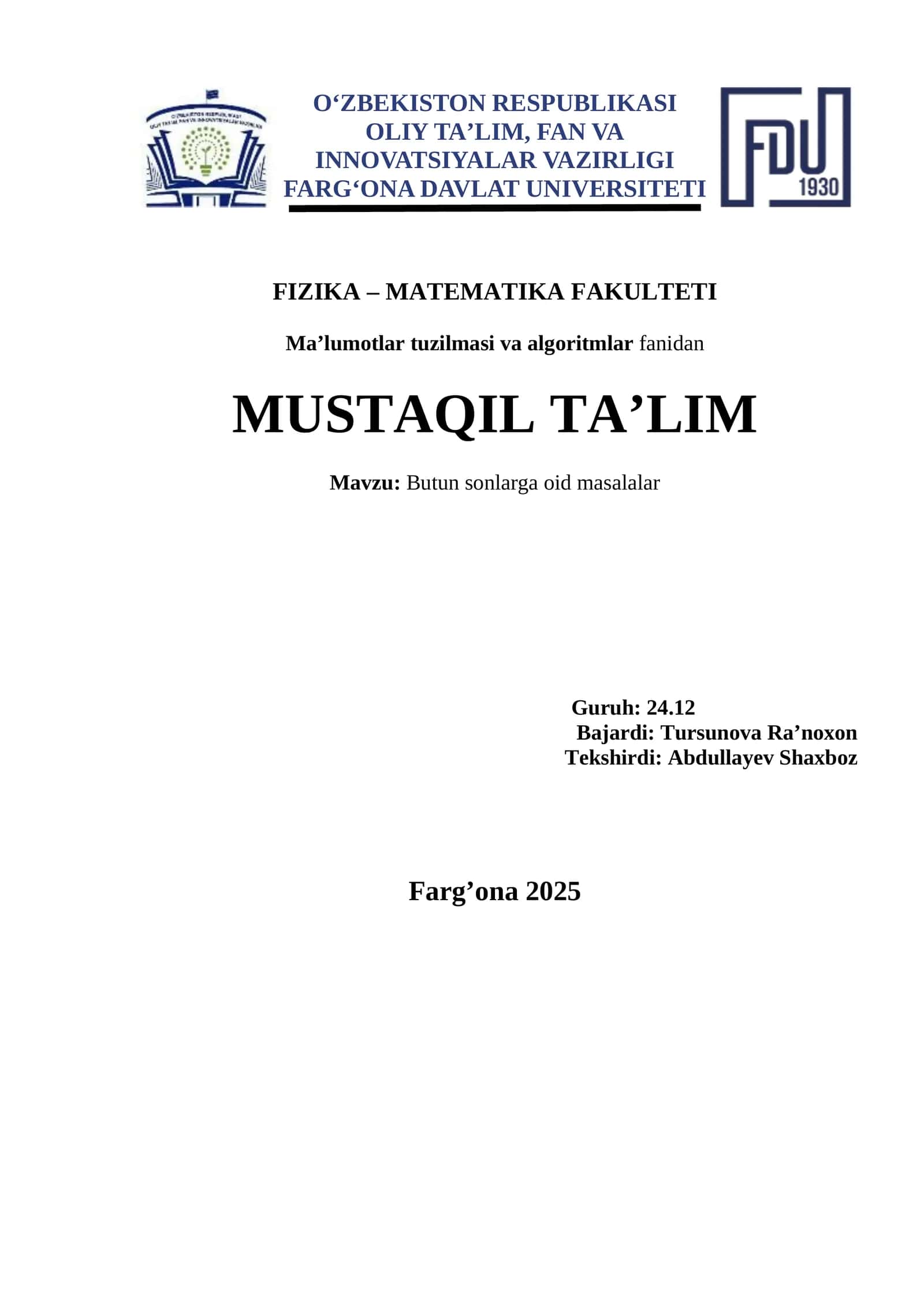 Butun sonlarga oid masalalar
