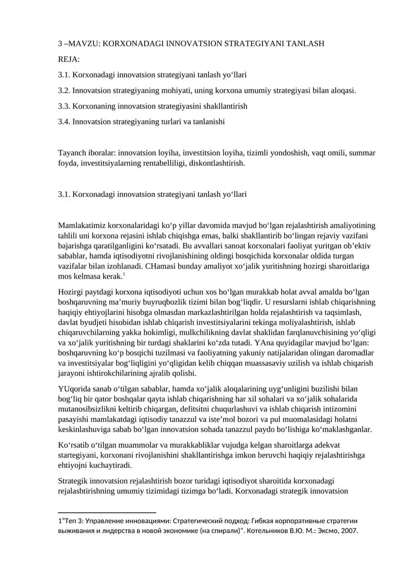 KORXONADAGI INNOVATSION STRATEGIYANI TANLASH
