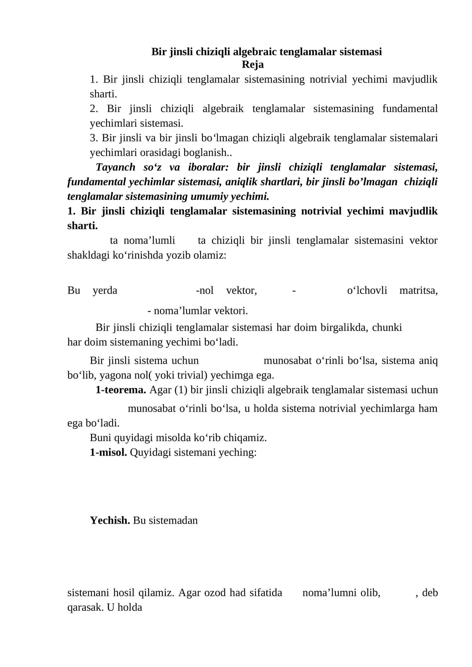 Bir jinsli chiziqli algebraik tenglamalar sistemasining yechimlari