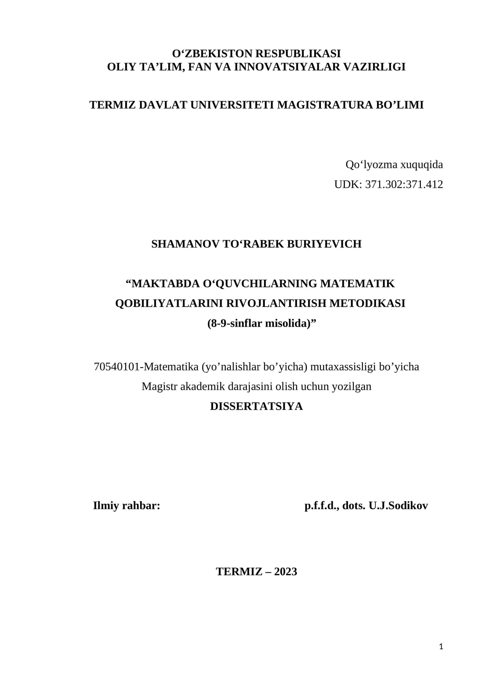 “MAKTABDA O‘QUVCHILARNING MATEMATIK QOBILIYATLARINI RIVOJLANTIRISH METODIKASI (8-9-sinflar misolida)”