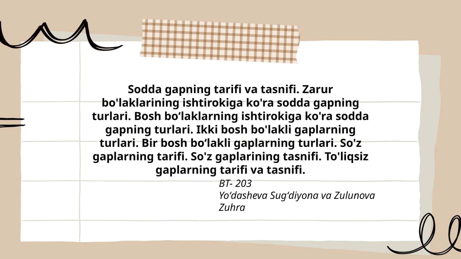 Sodda gapning tarifi va tasnifi