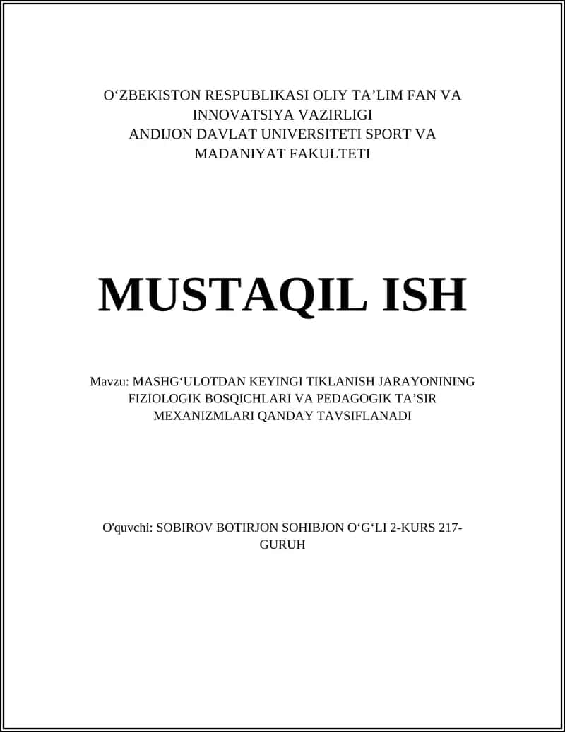 MASHGʻULOTDAN KEYINGI TIKLANISH JARAYONINING FIZIOLOGIK BOSQICHLARI VA PEDAGOGIK TAʼSIR MEXANIZMLARI QANDAY TAVSIFLANADI