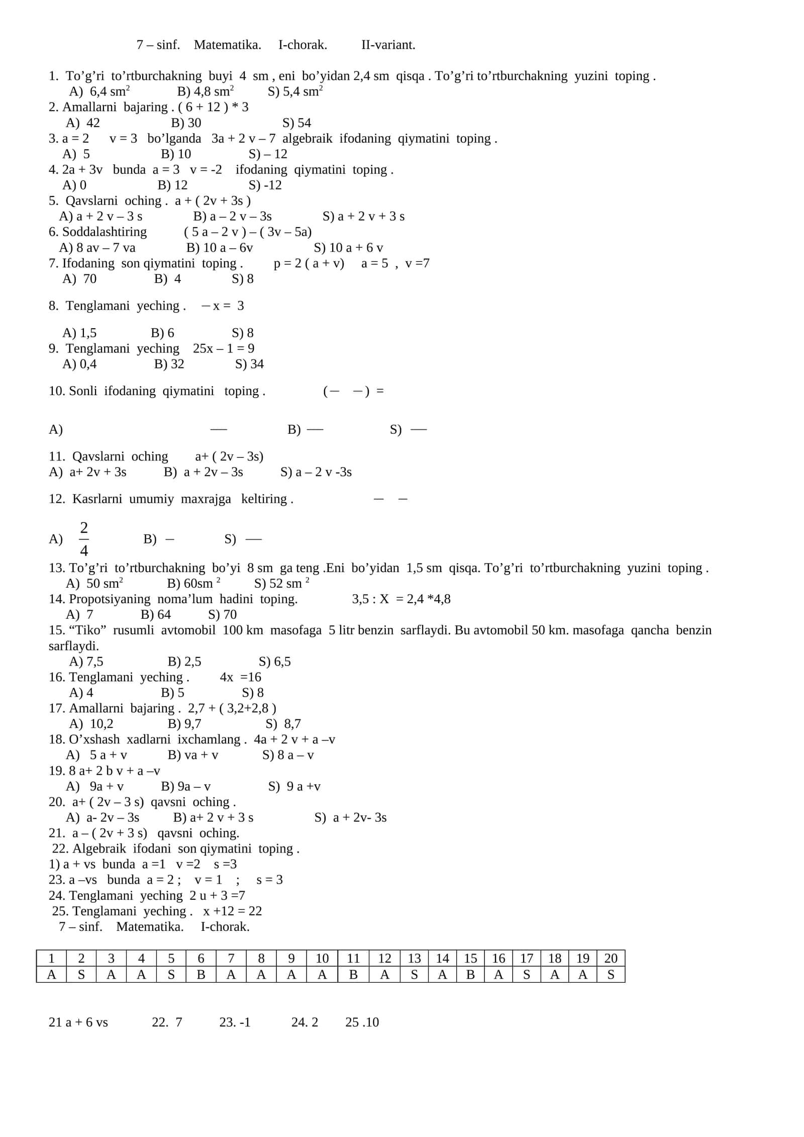 Matematika sinovi 7-sinf