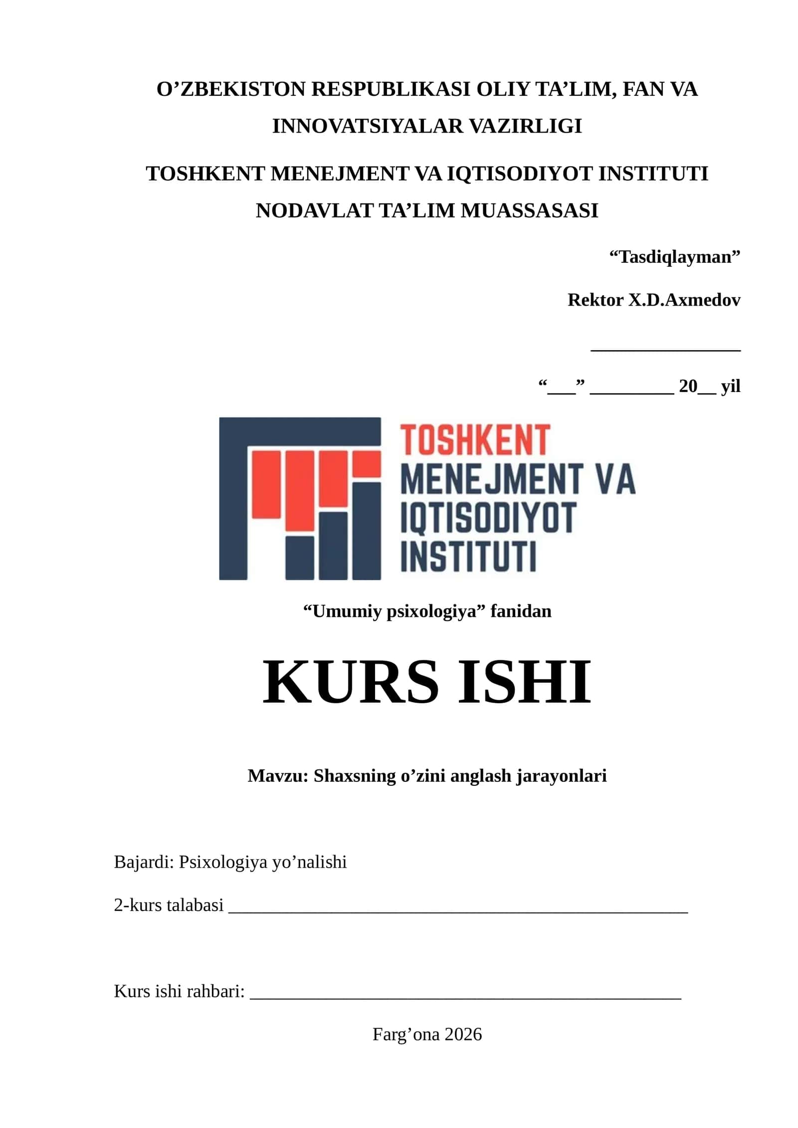 Shaxsning o’zini anglash jarayonlari kurs ishi