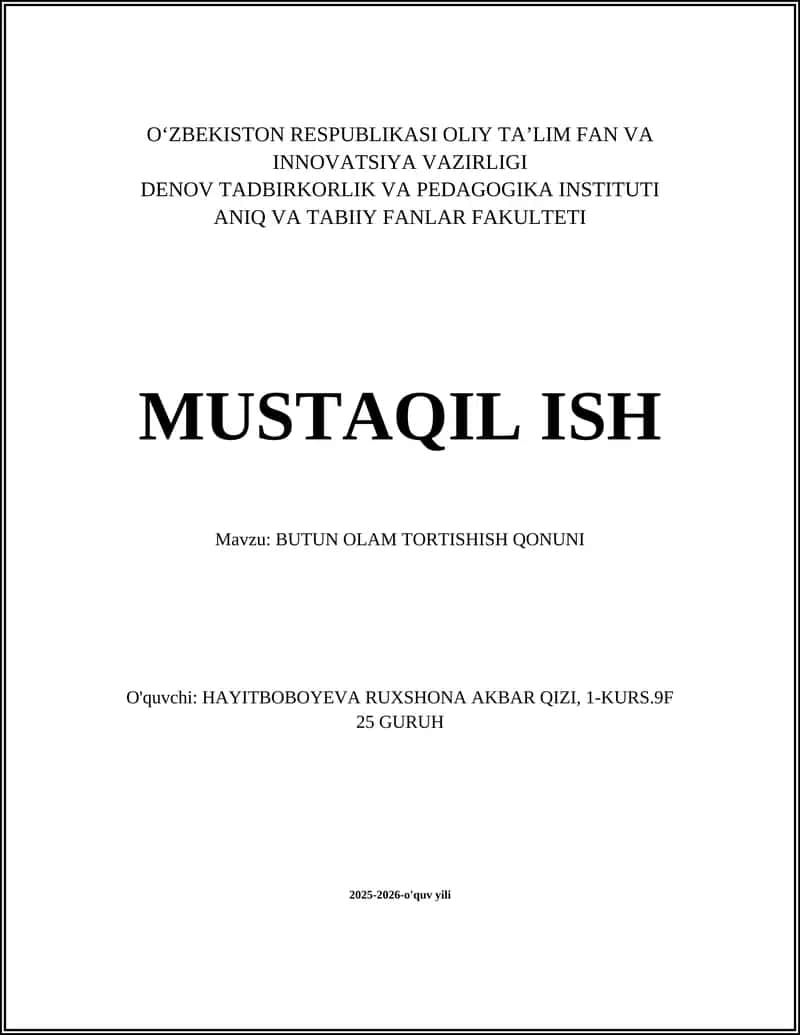 BUTUN OLAM TORTISHISH QONUNI