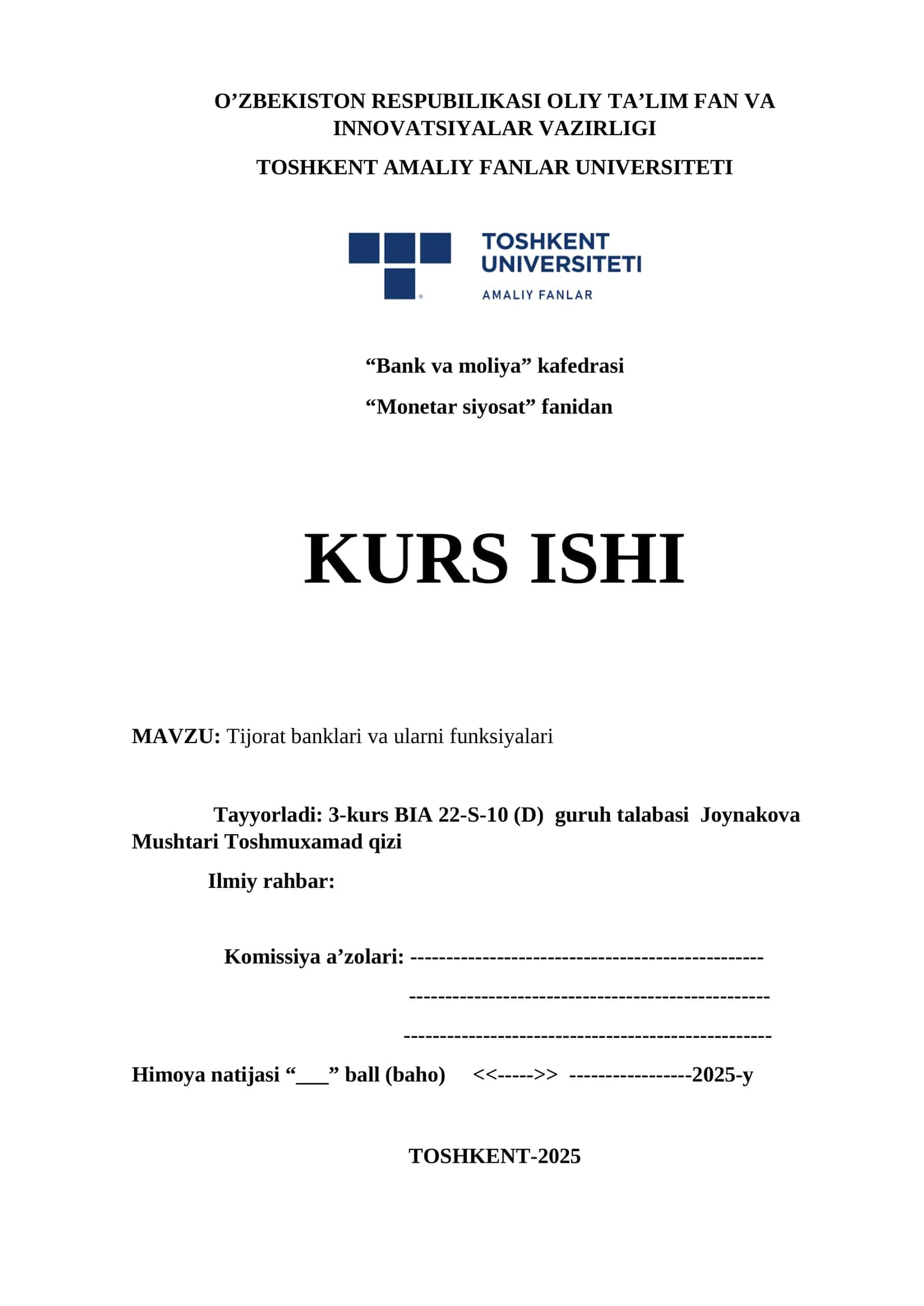 Tijorat banklari va ularni funksiyalari