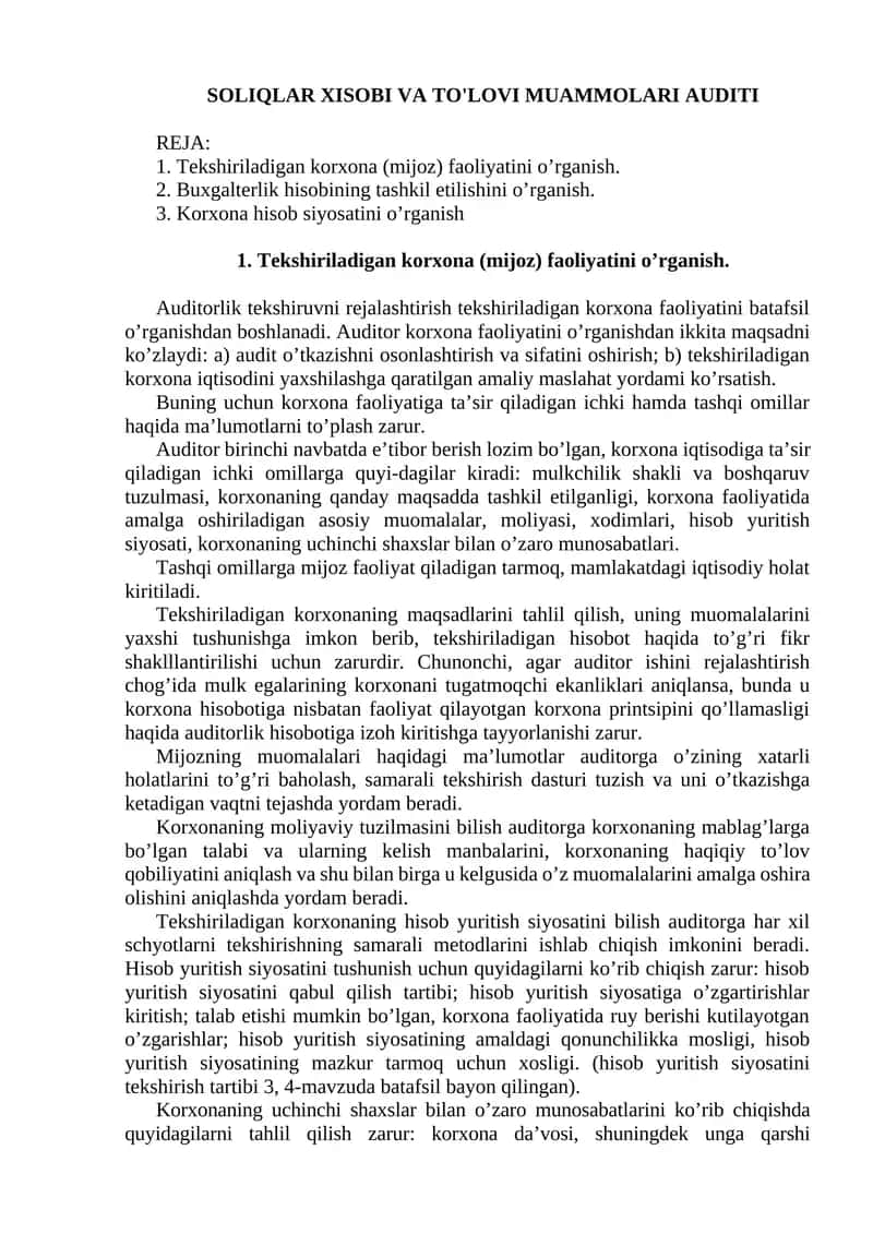 SOLIQLAR XISOBI VA TO'LOVI MUAMMOLARI AUDITI