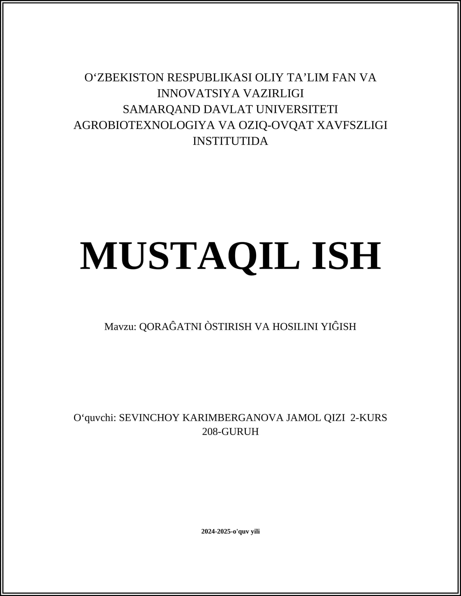 QORAĜATNI ÒSTIRISH VA HOSILINI YIĜISH