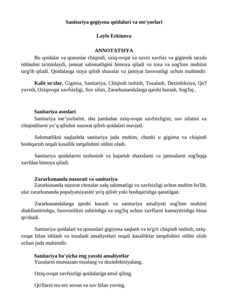 Sanitariya gegiyena qoidalari va me'yorlari