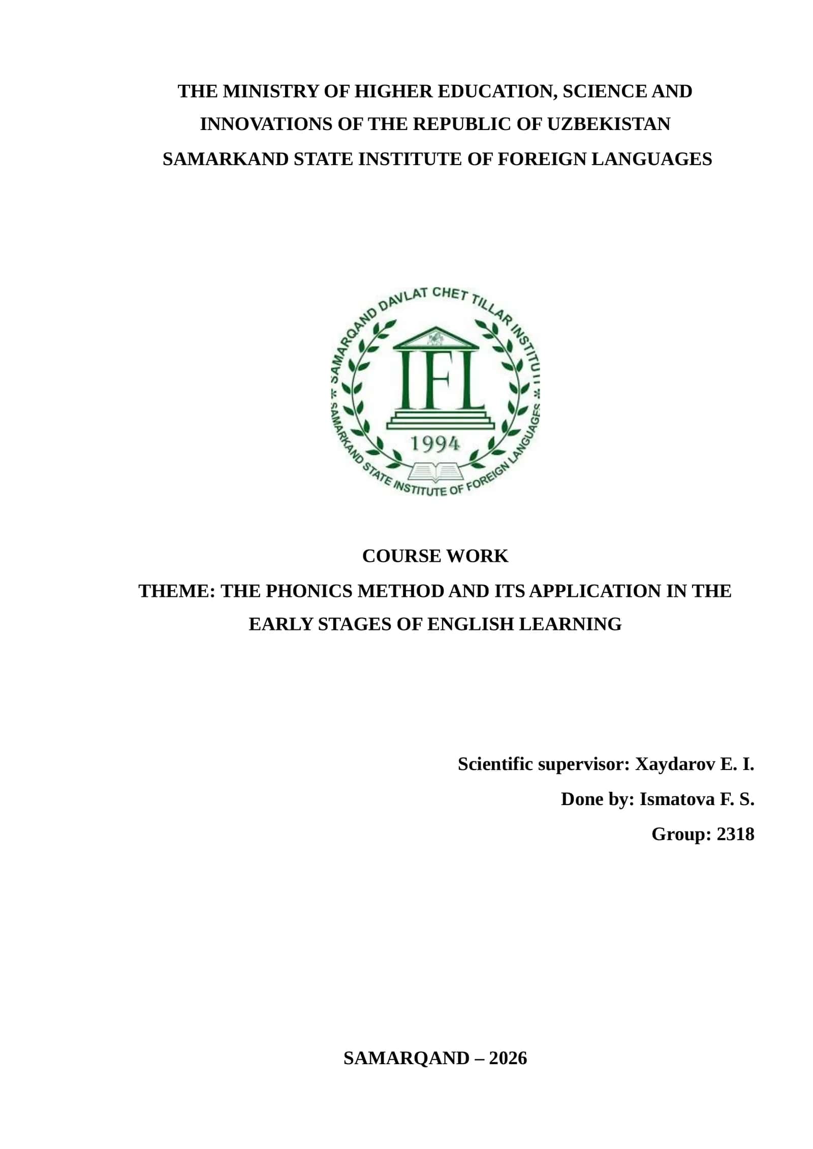 THE PHONICS METHOD AND ITS APPLICATION IN THE EARLY STAGES OF ENGLISH LEARNING