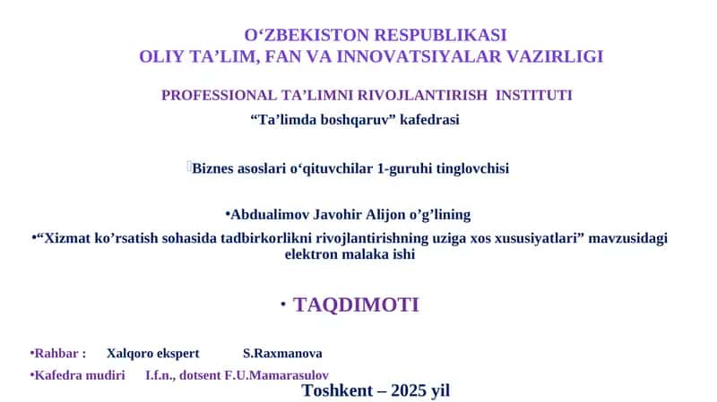 "Biznes asoslari o‘qituvchilar 1-guruhi tinglovchisi"