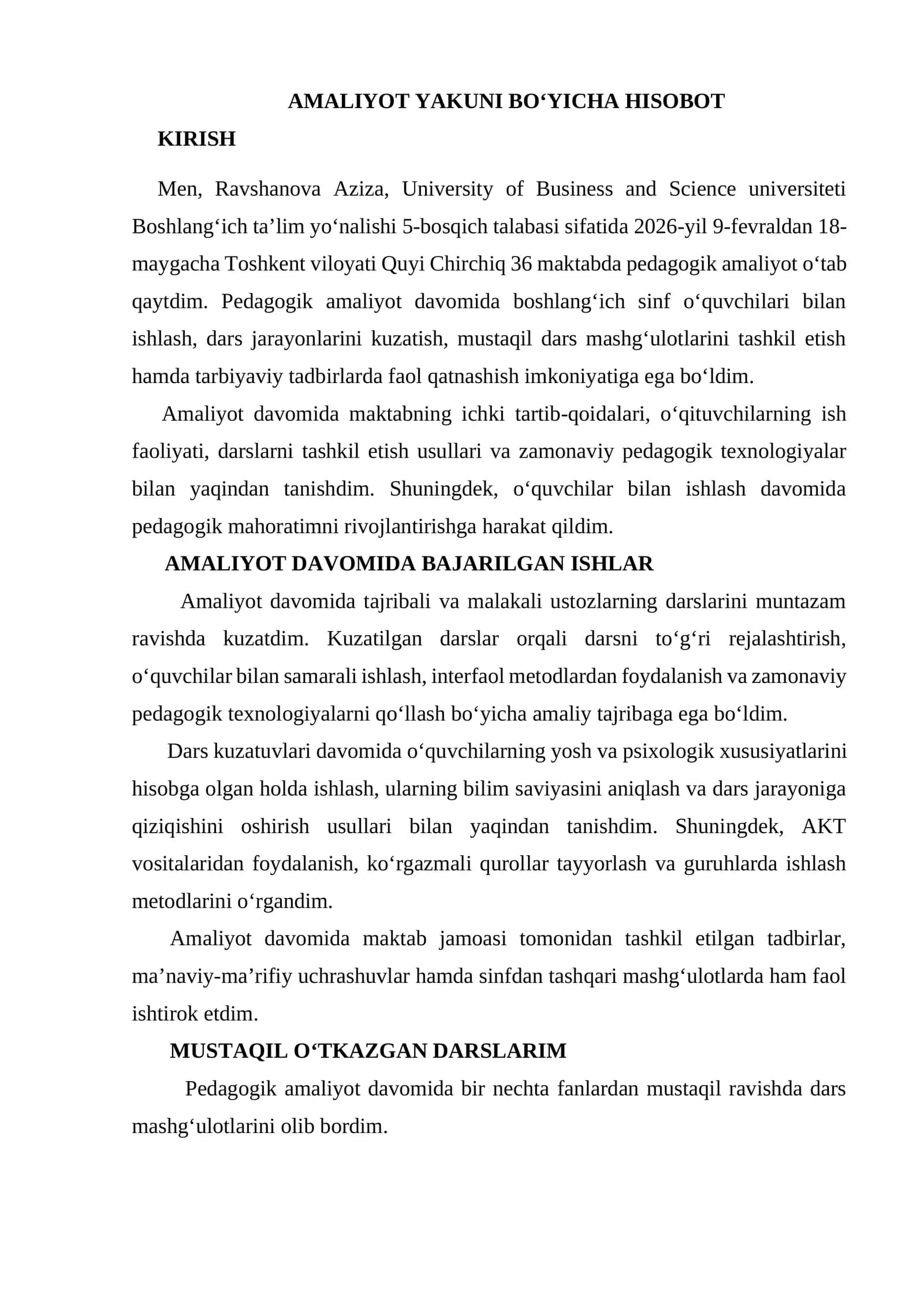 AMALIYOT YAKUNI BO‘YICHA HISOBOT