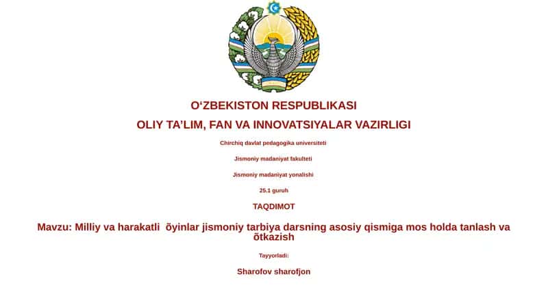 Milliy va harakatli õyinlar jismoniy tarbiya darsi