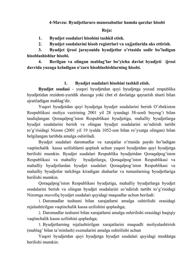 Byudjetlararo munosabatlar hamda qarzlar hisobi