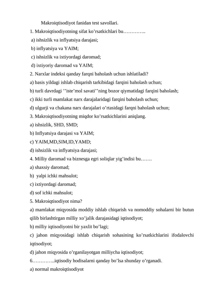 Makroiqtisodiyot fanidan test savollari