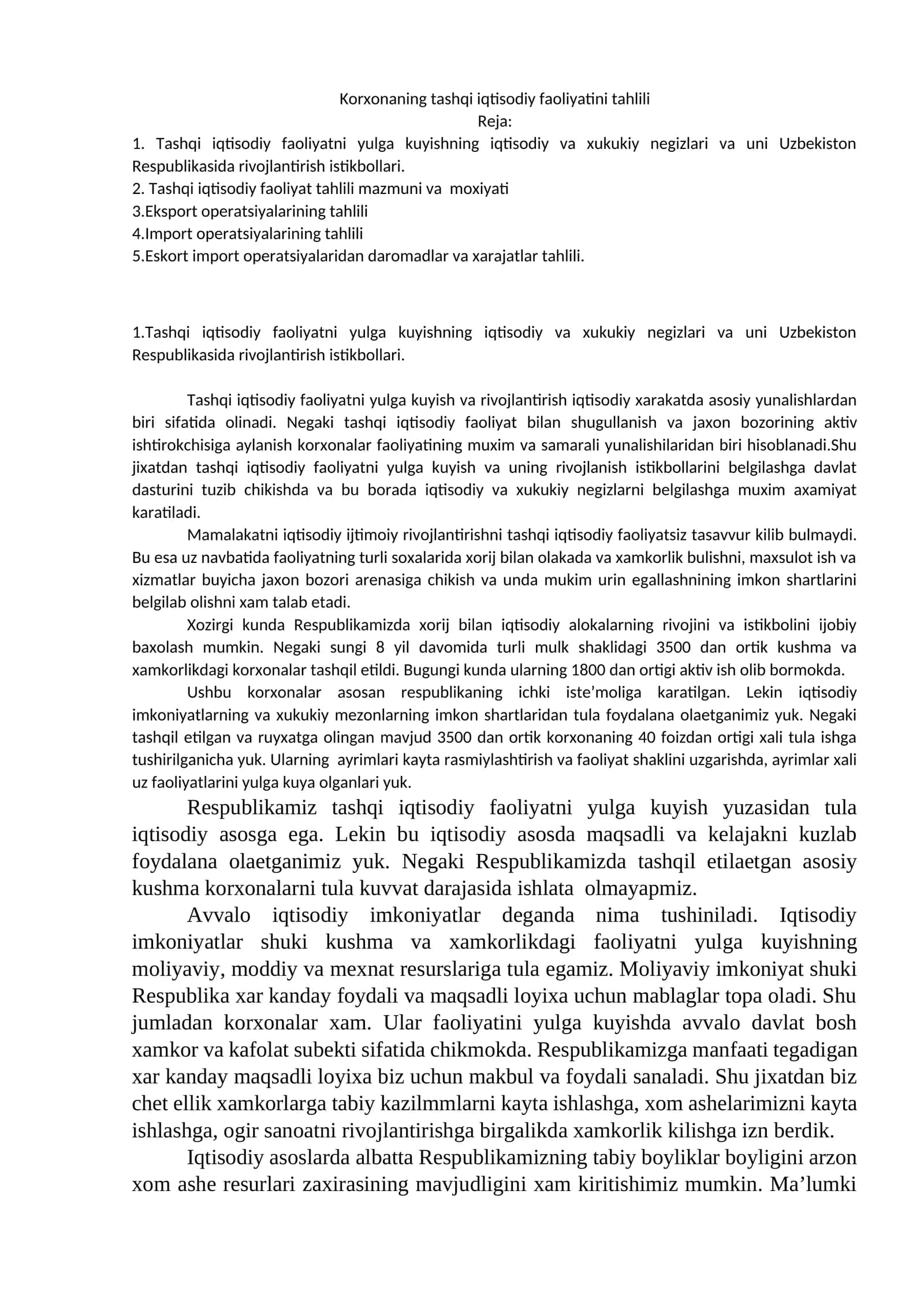 Korxonaning tashqi iqtisodiy faoliyatini tahlili