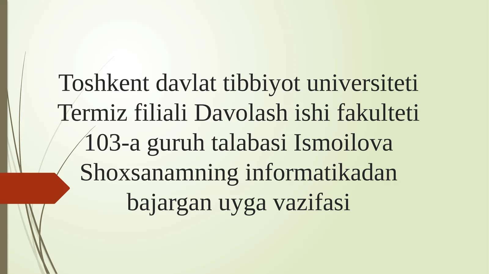 Toshkent davlat tibbiyot universiteti Termiz filiali Davolash ishi fakulteti 103-a guruhi talabasi Ismoilova Shoxsanamning informatika dan bajargan uy vazifasi