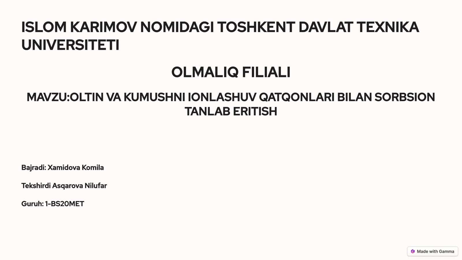 OLTIN VA KUMUSHNI IONLASHUV QATQONLARI BILAN SORBSION TANLAB ERITISH