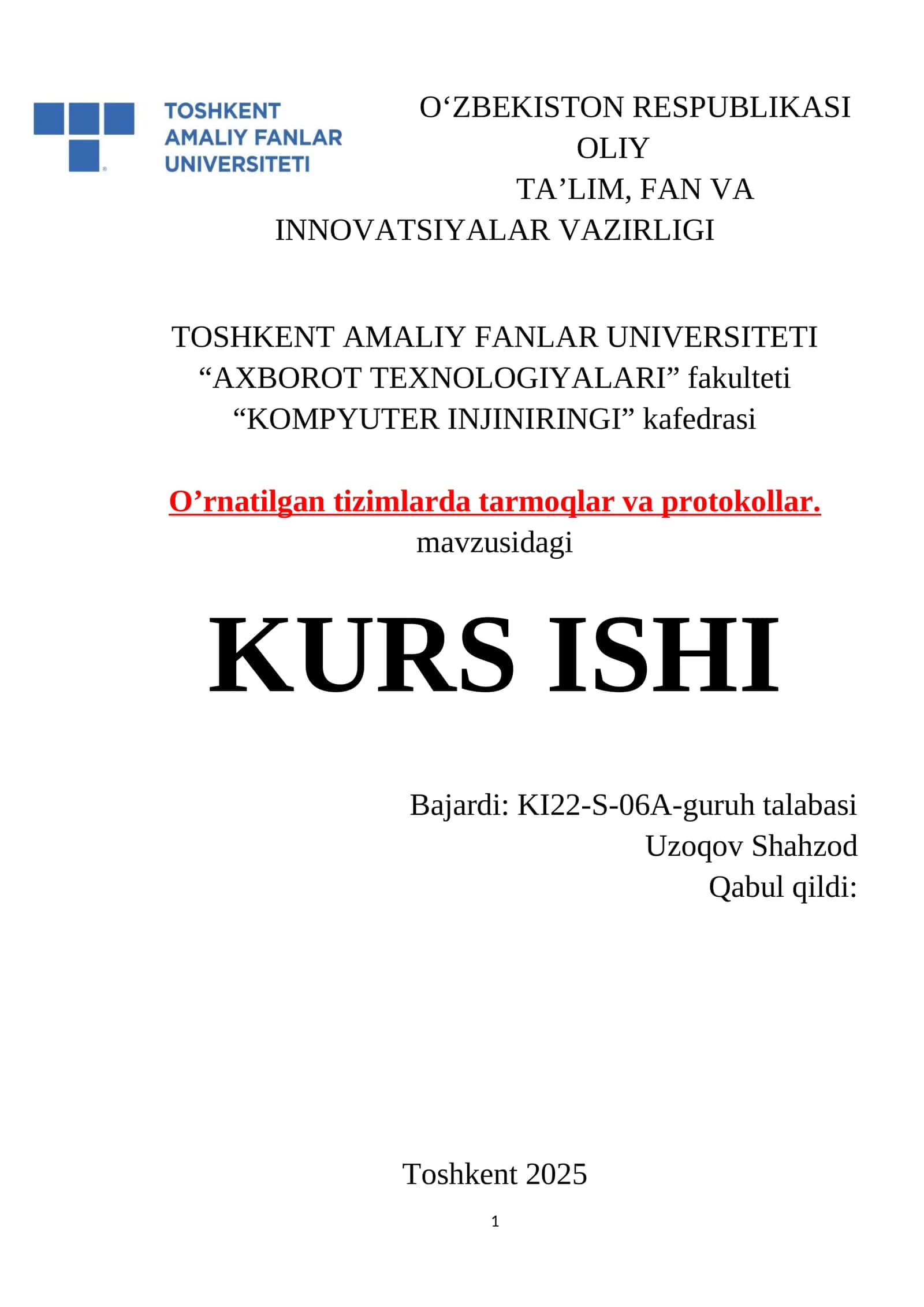 O‘rnatilgan tizimlarda tarmoqlar va protokollar