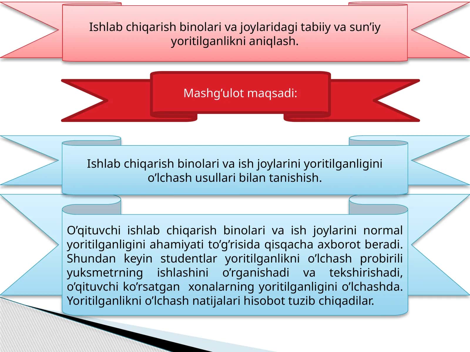 Ishlab chiqarish binolari va joylaridagi tabiiy va sun’iy yoritilganlikni aniqlash