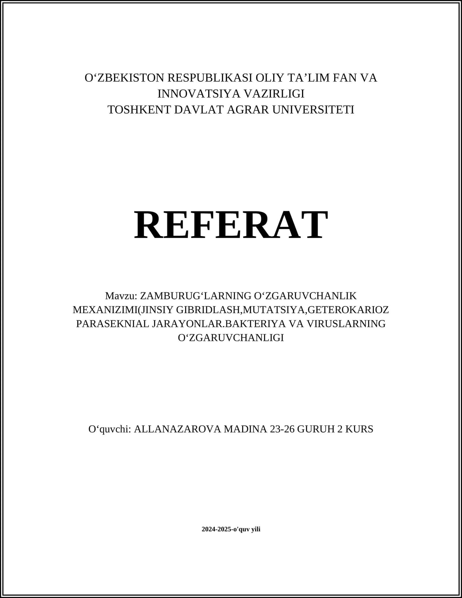 ZAMBURUGʻLARNING OʻZGARUVCHANLIK MEXANIZIMI