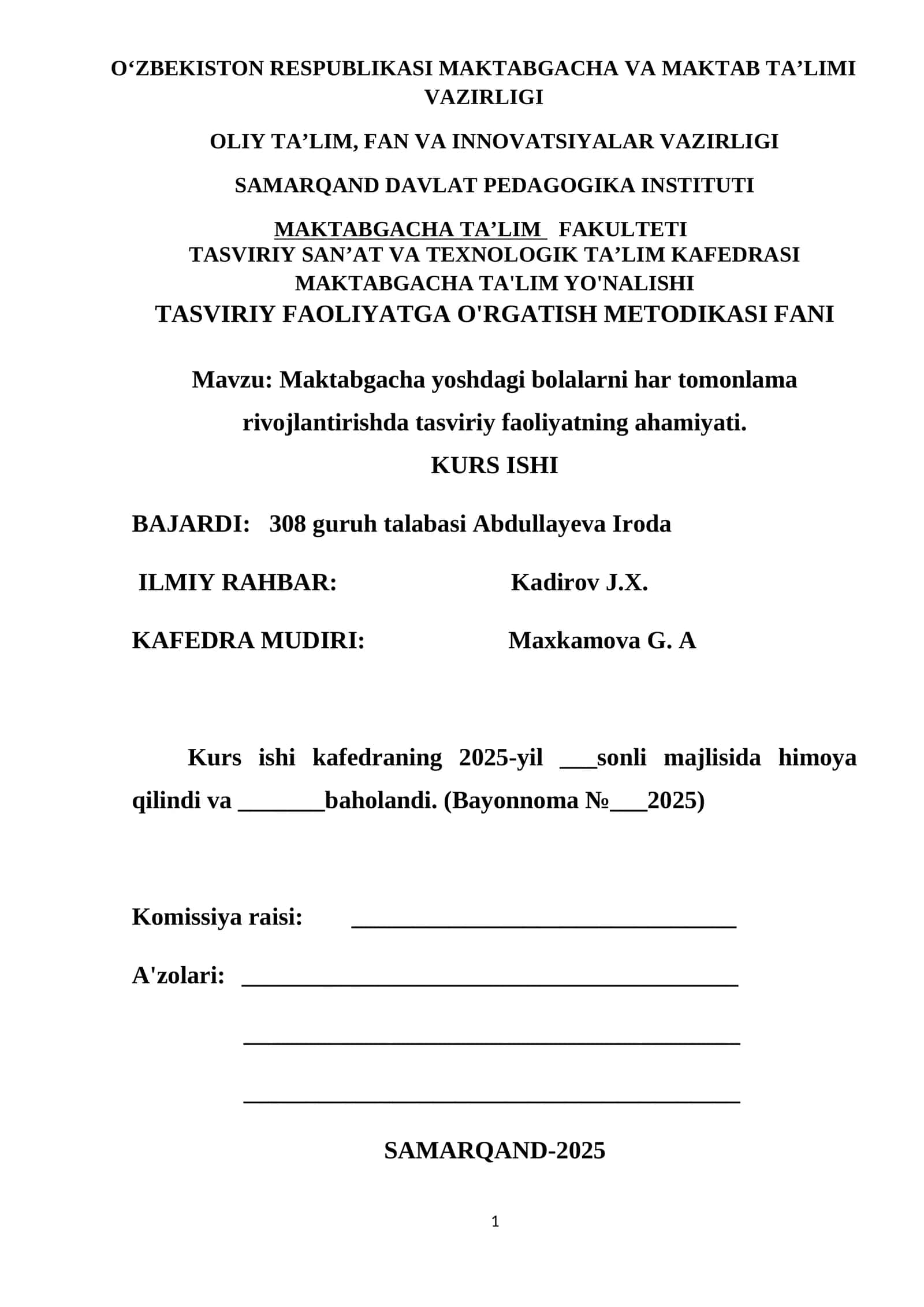 TASVIRIY FAOLIYATGA O'RGATISH METODIKASI