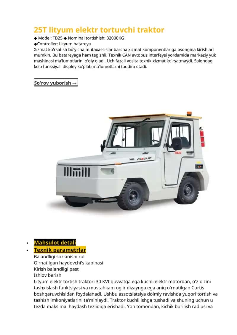 25T lityum elektr tortuvchi traktor
