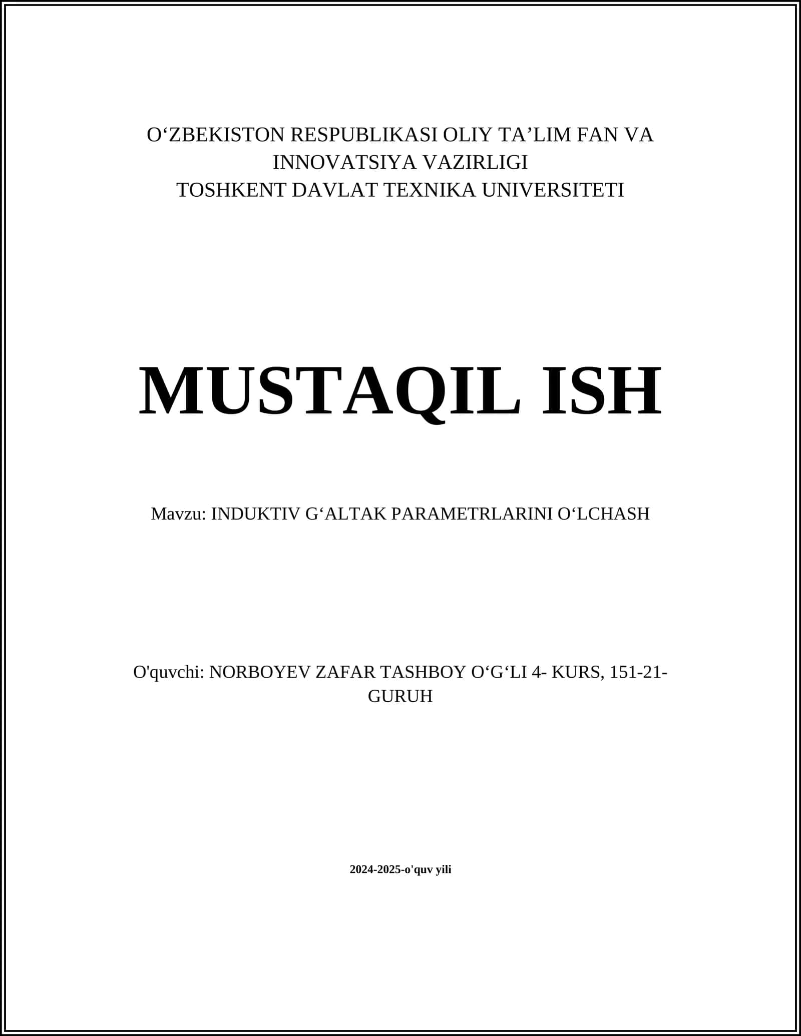 INDUKTIV GʻALTAK PARAMETRLARINI OʻLCHASH