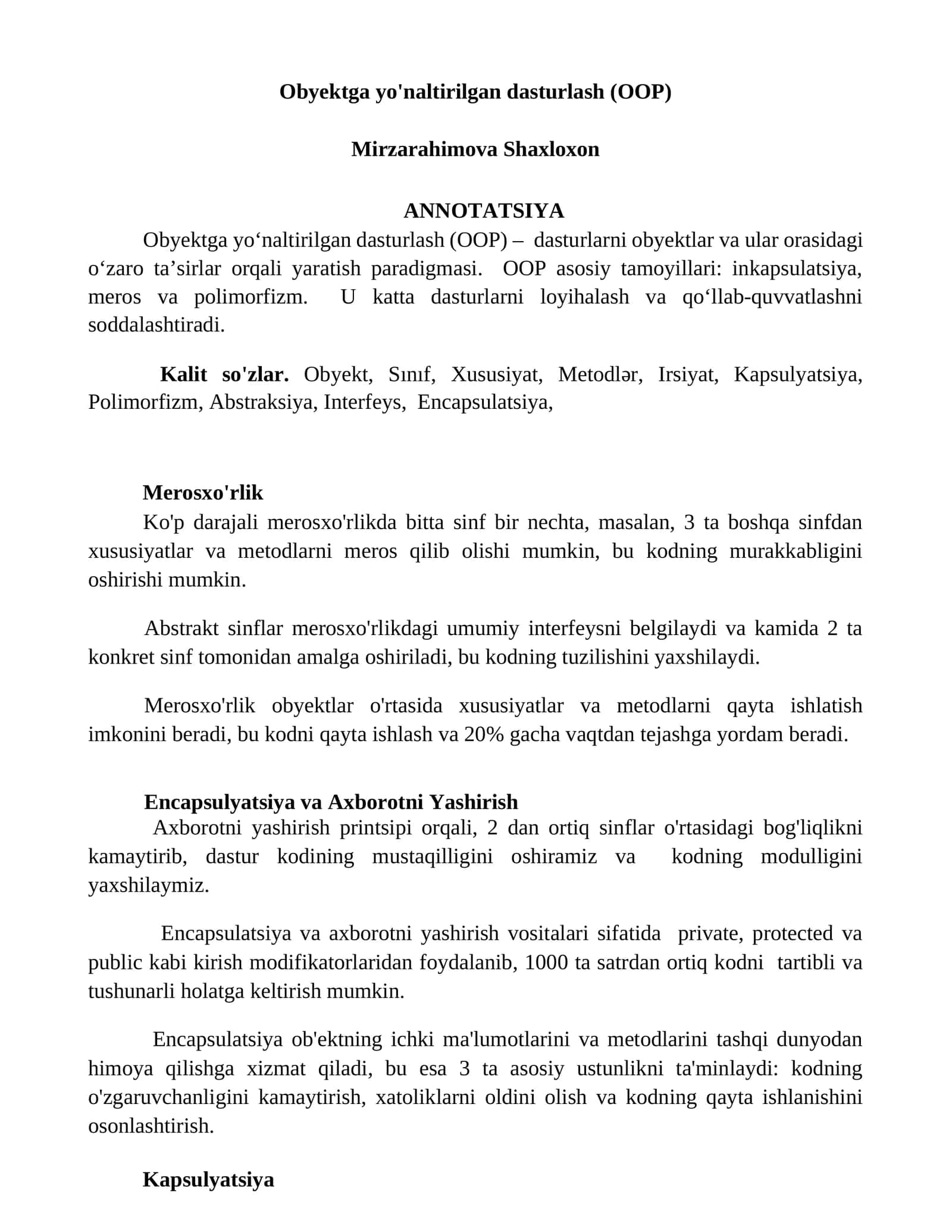 Obyektga yo'naltirilgan dasturlash (OOP)