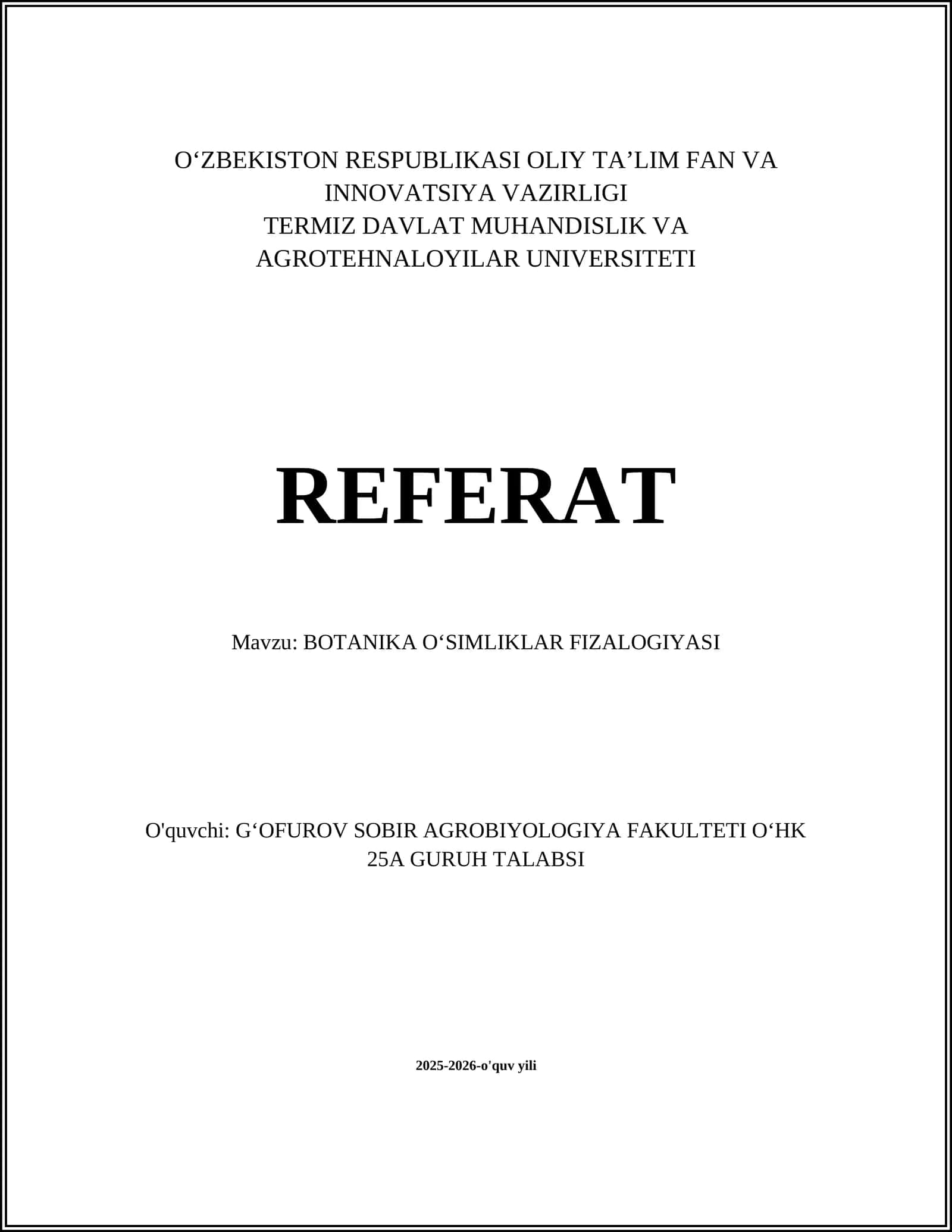 BOTANIKA OʻSIMLIKLAR FIZALOGIYASI