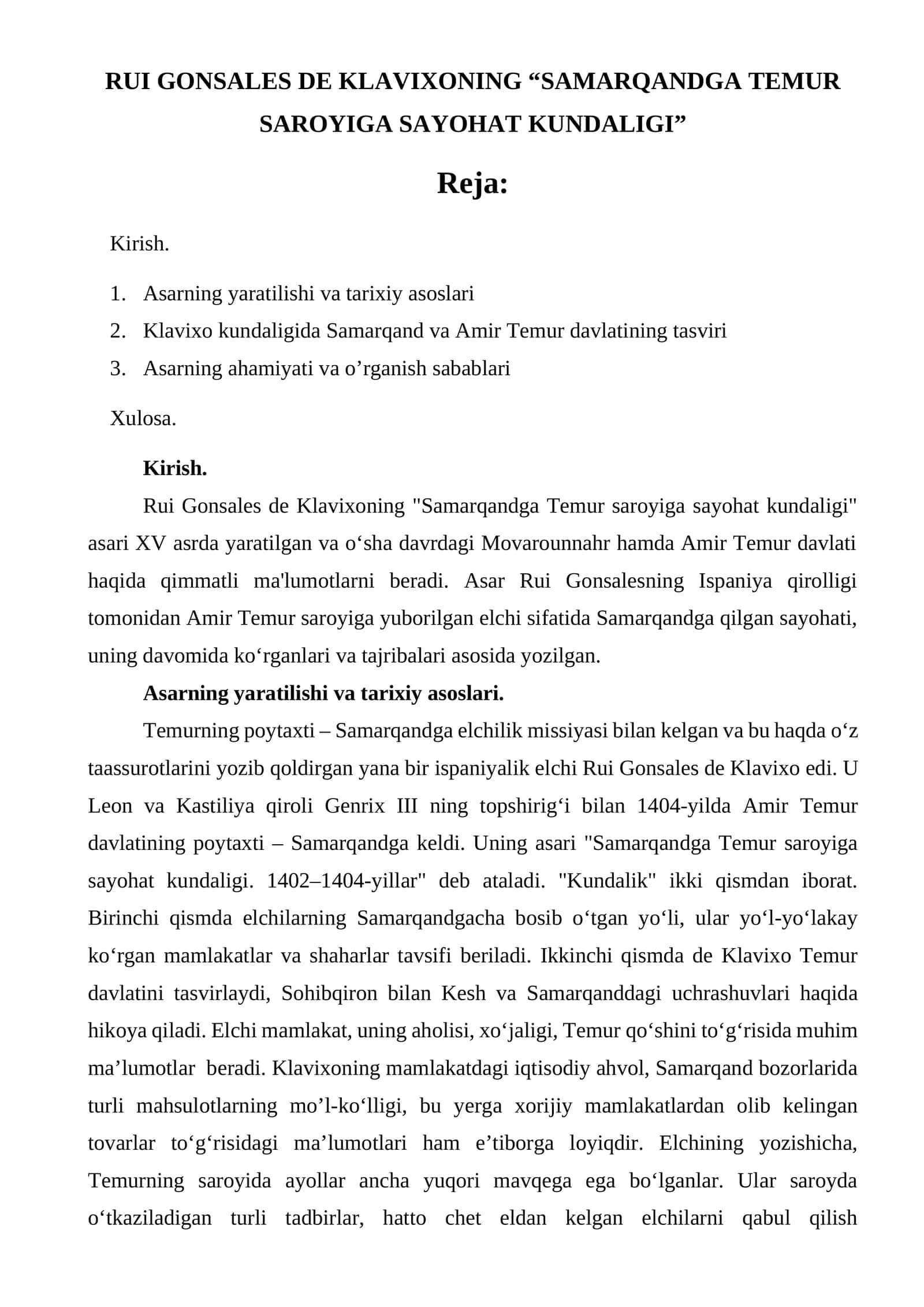 Samarqandga Temur saroyiga sayohat kundaligi