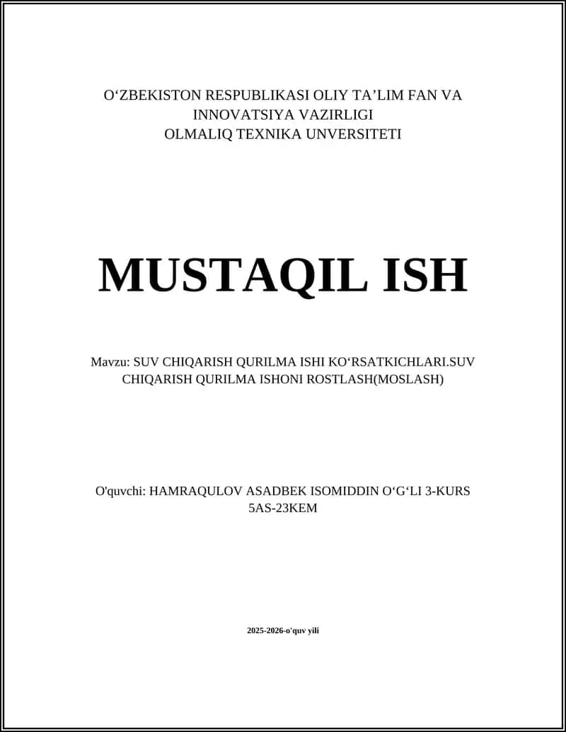 SUV CHIQARISH QURILMA ISHI KOʻRSATKICHLARI