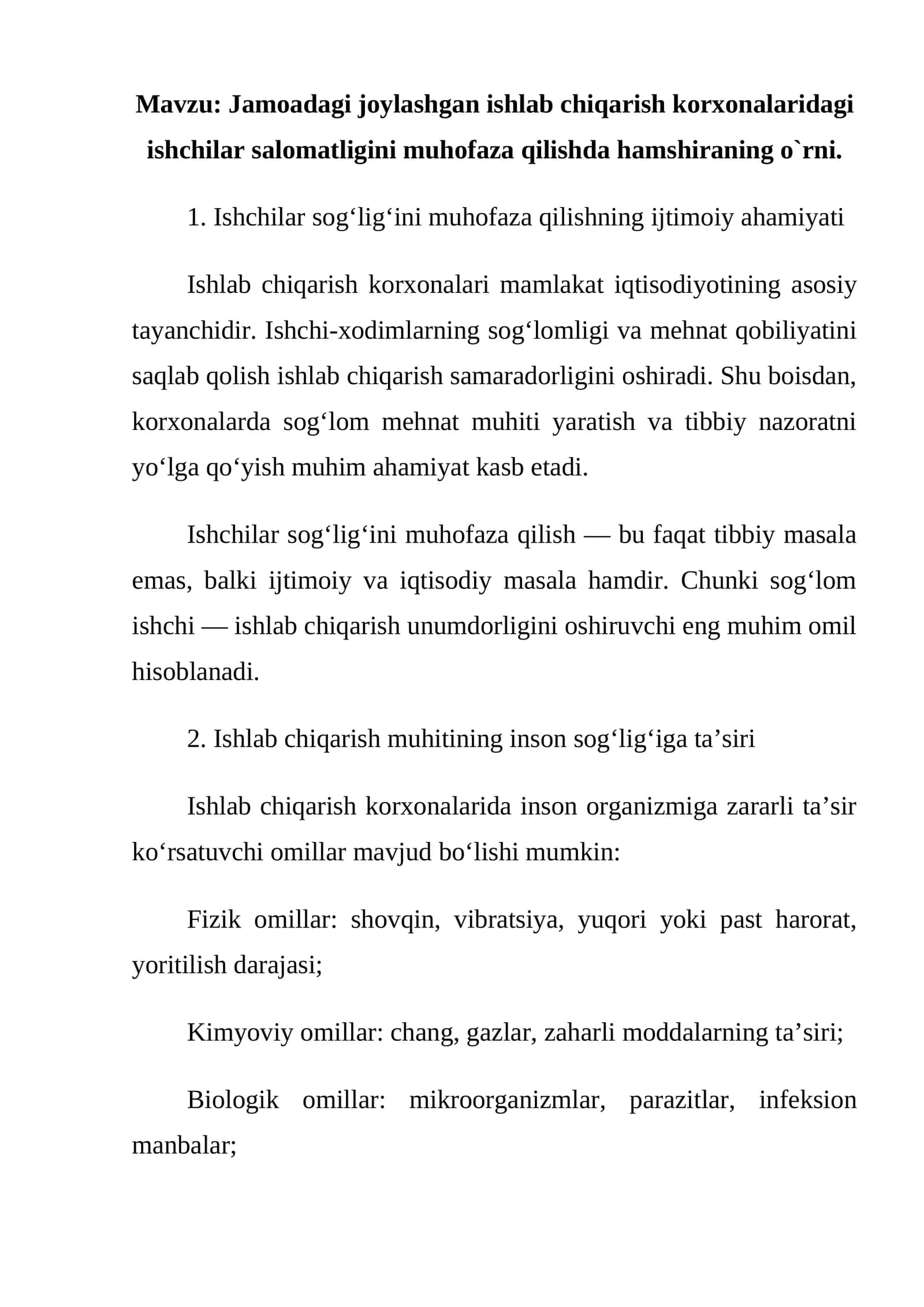 Ishlab chiqarish korxonalaridagi ishchilar salomatligini muhofaza qilish