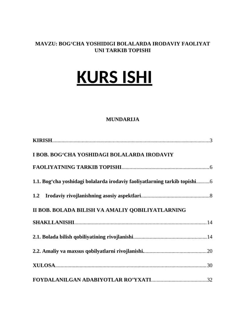 BOG‘CHA YOSHIDAGI BOLALARDA IRODAVIY FAOLIYAT UNI TARKIB TOPISHI KURS ISHI