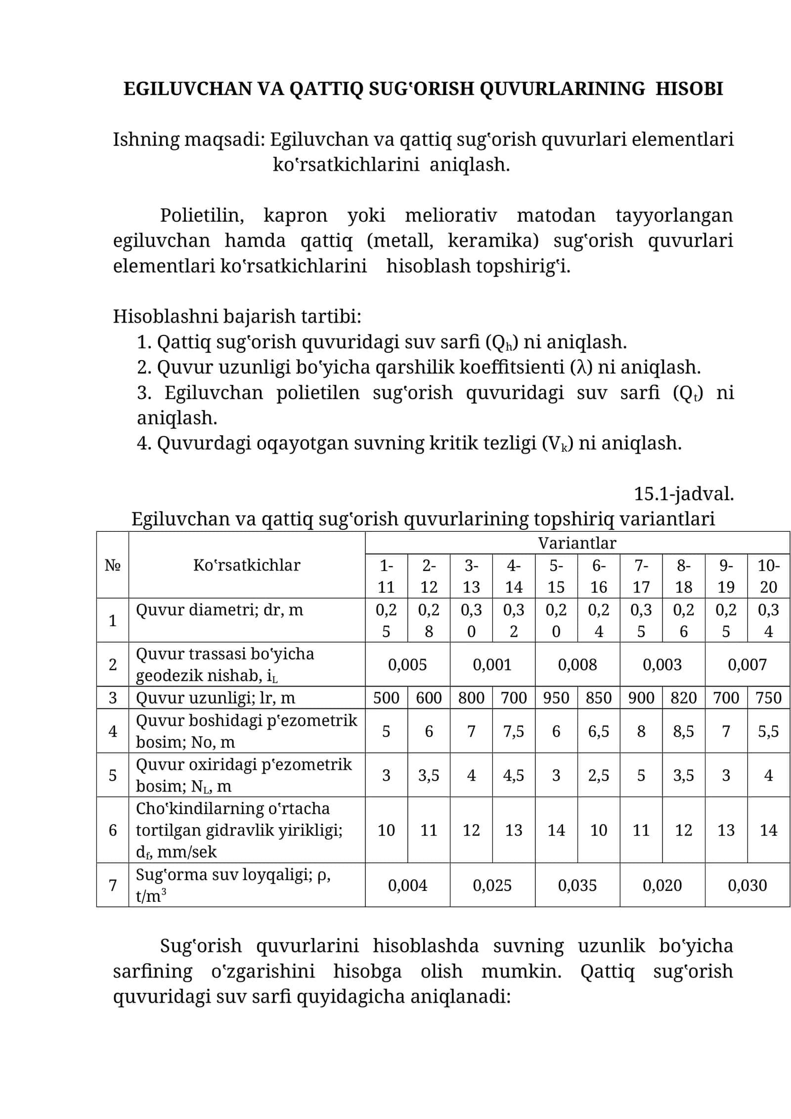 Egiluvchаn VА QАTTIQ SUGʽОRISH QUVURLАRINING HISОBI