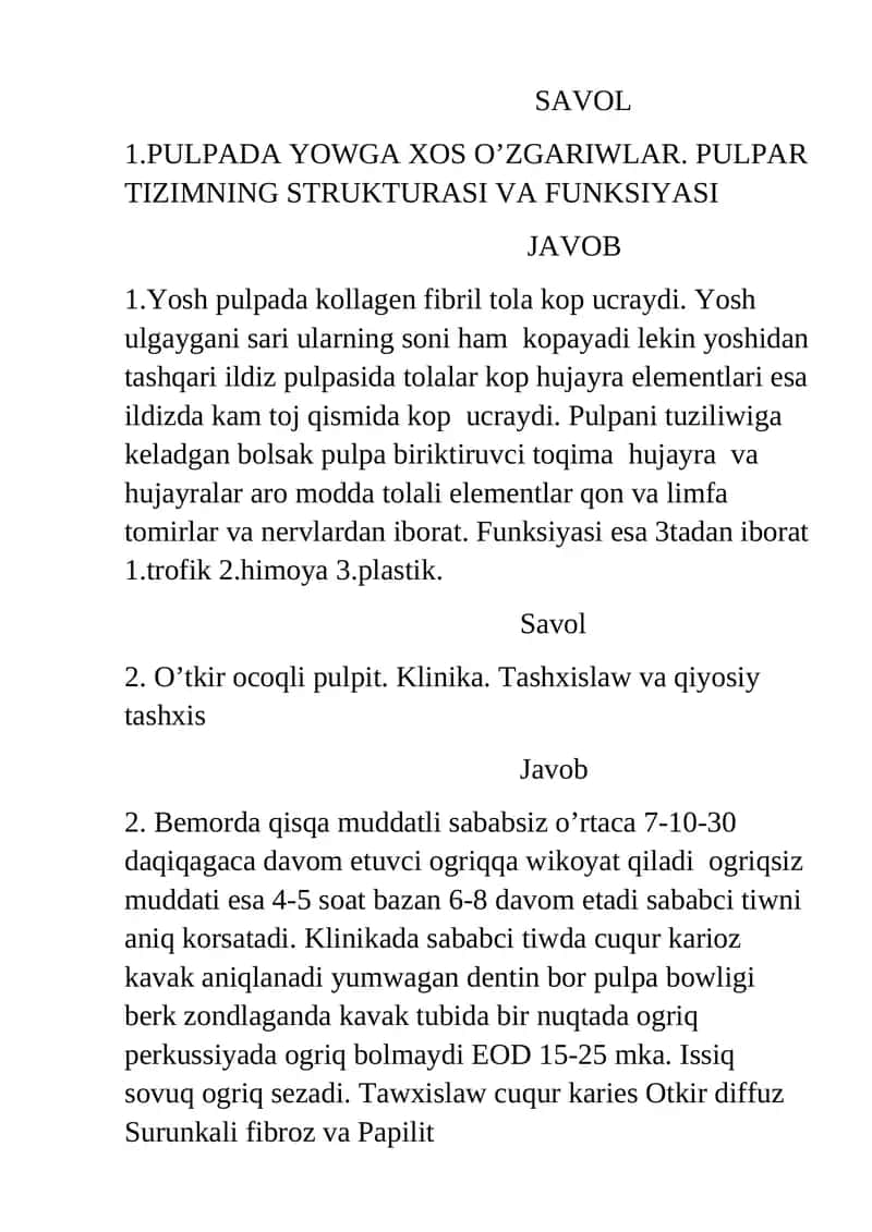 Pulpada Yowga Xos O'zgariwlar: Pulpar Tizimning Strukturasi va Funksiyasi