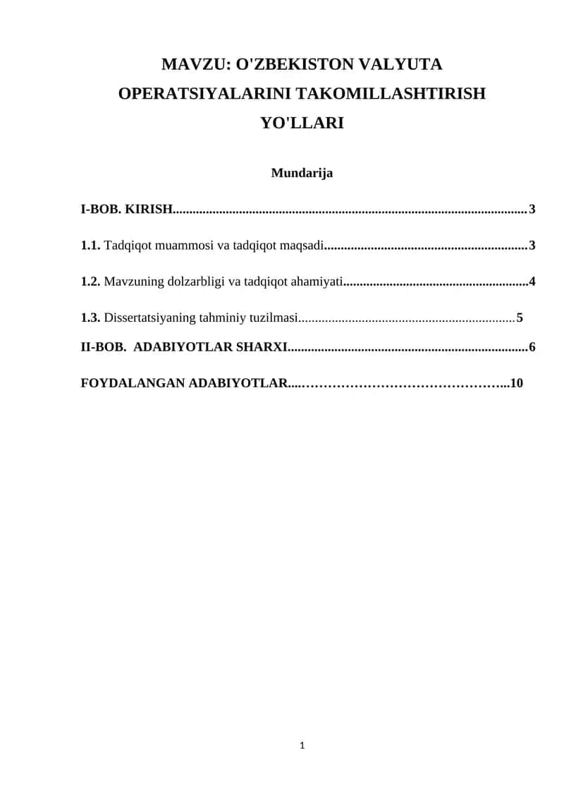 O'ZBEKISTON VALYUTA OPERATSIYALARINI TAKOMILLASHTIRISH YO'LLARI