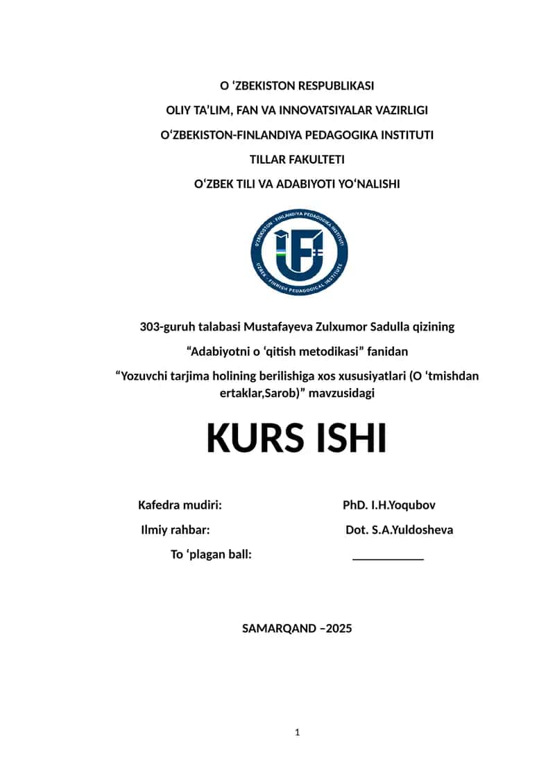 Yozuvchi tarjima holining berilishiga xos xususiyatlari (O ‘tmishdan ertaklar,Sarob)