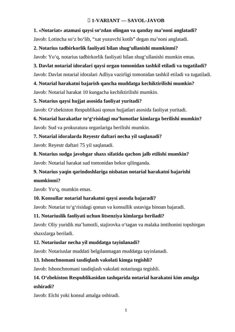 Notariat fanidan test javoblari