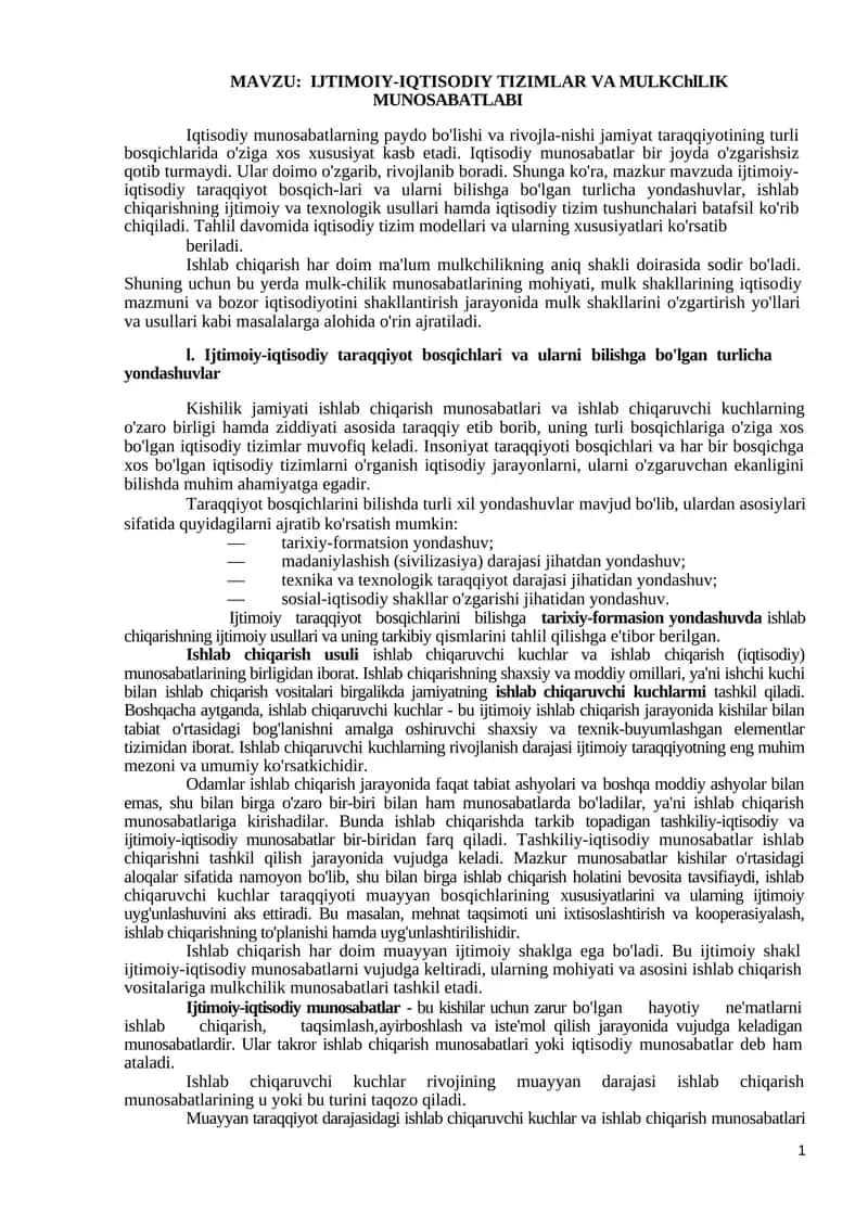 IJTIMOIY-IQTISODIY TIZIMLAR VA MULKChlLIK MUNOSABATLABI