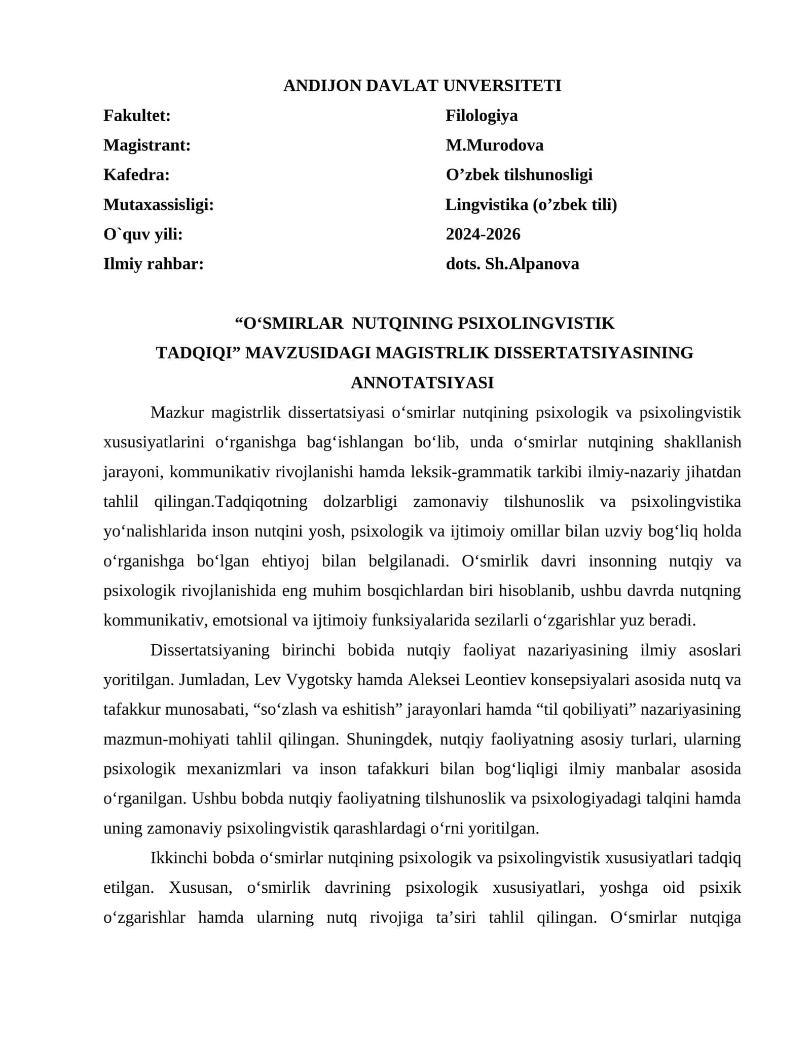 O‘SMIRLAR NUTQINING PSIXOLINGVISTIK TADQIQI