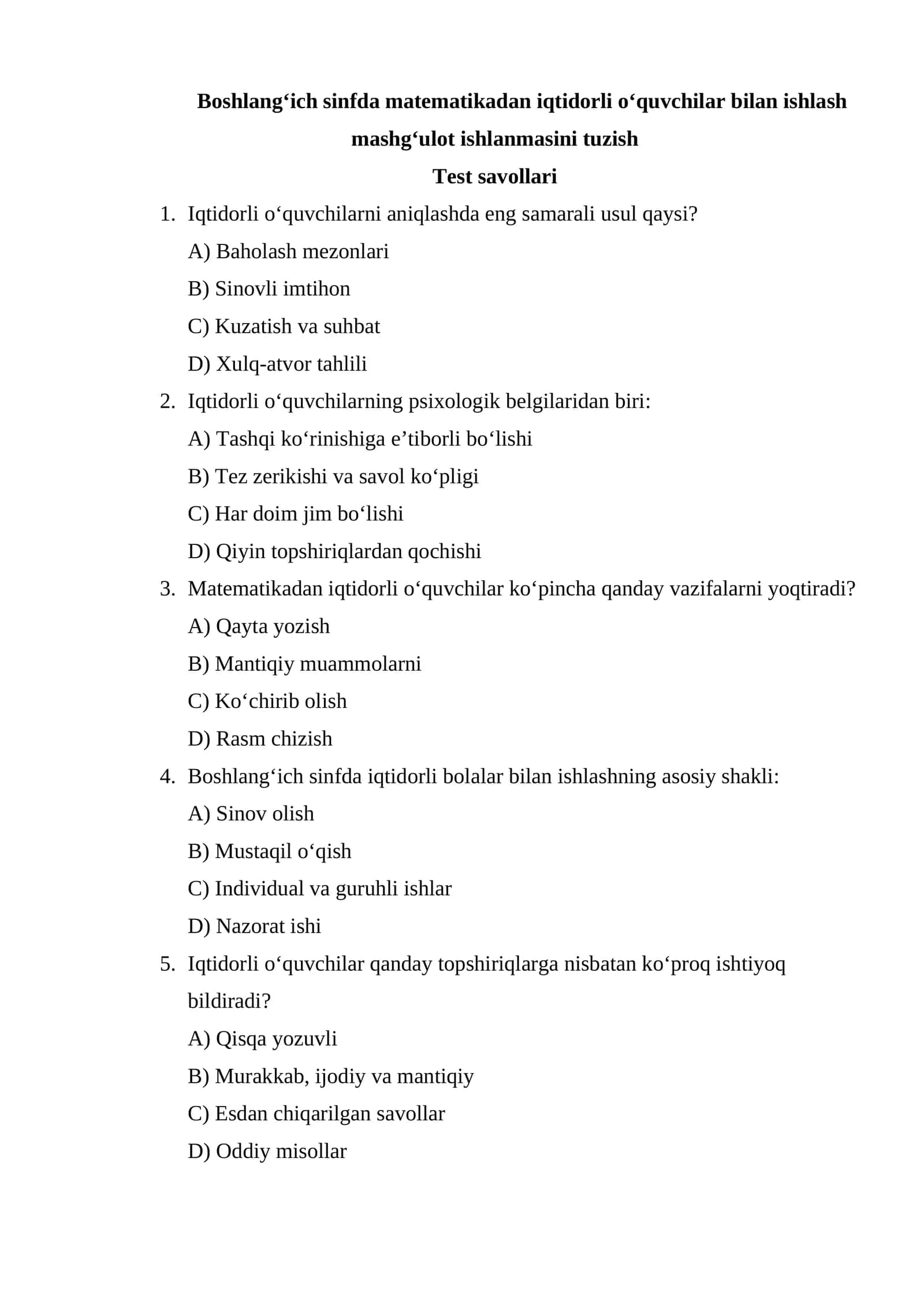 Boshlang‘ich sinfda matematikadan iqtidorli o‘quvchilar bilan ishlash test