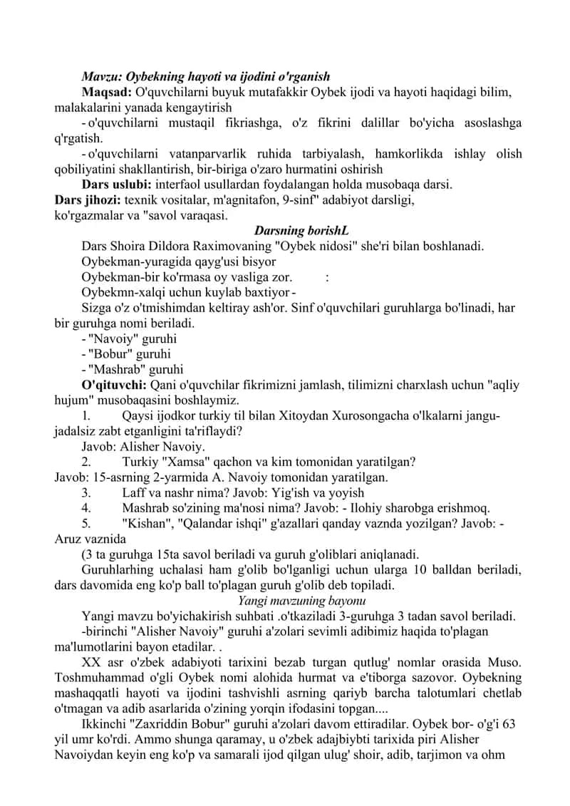 Oybekning hayoti va ijodini o'rganish
