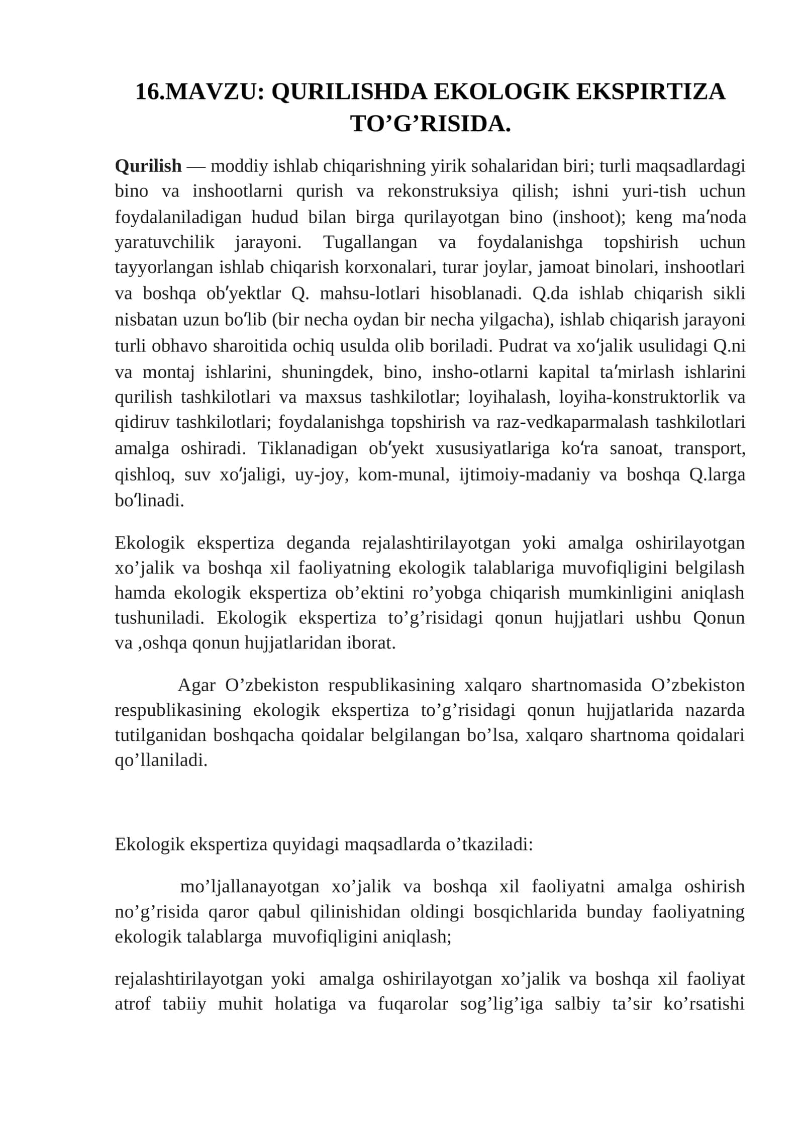 QURILISHDA EKOLOGIK EKSPIRTIZA TO’G’RISIDA