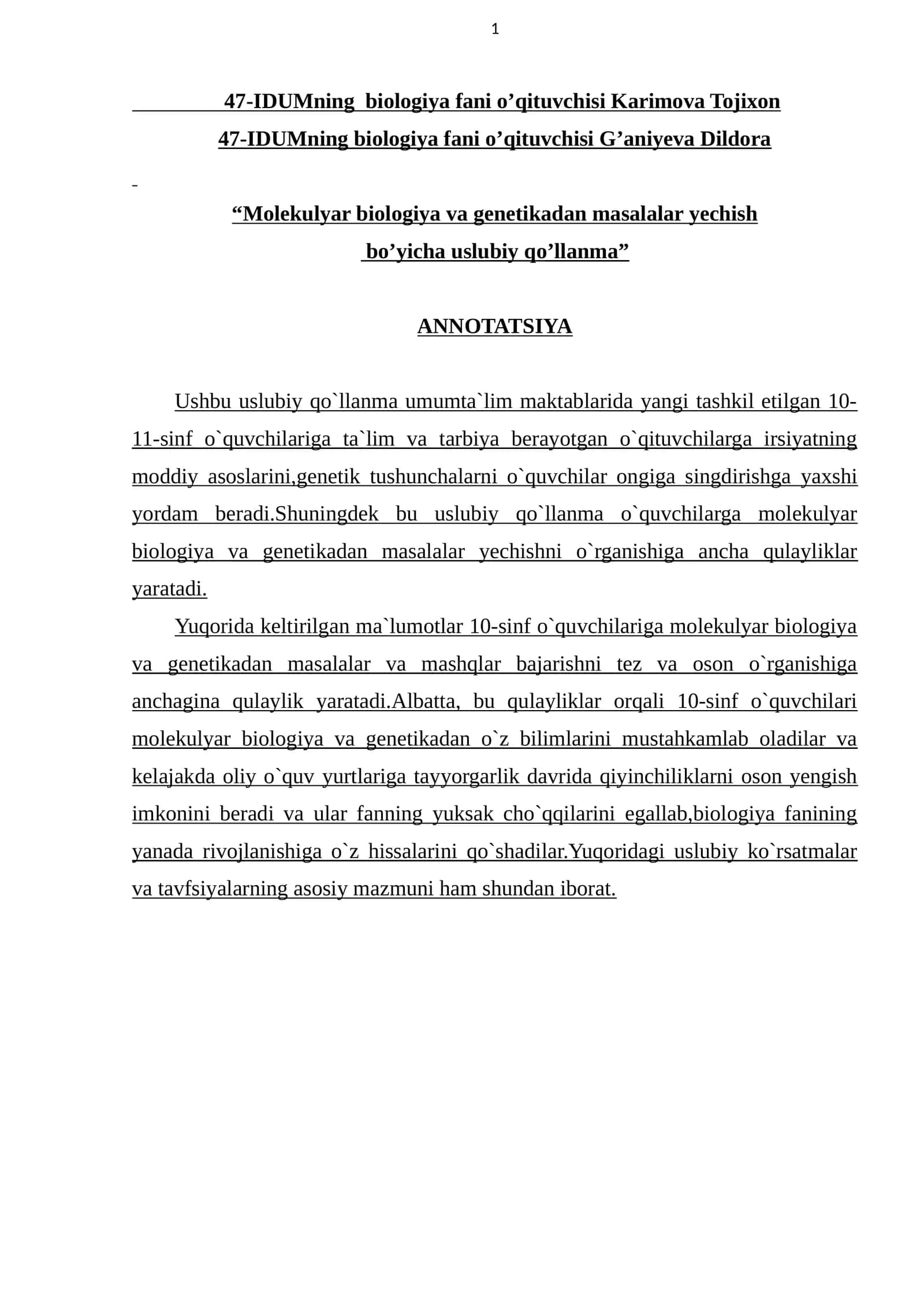 "Molekulyar biologiya va genetikadan masalalar yechish bo’yicha uslubiy qo’llanma"