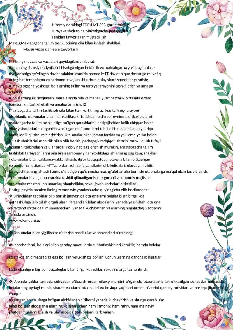 Maktabgacha ta'lim tashkilotining oila bilan ishlash shakllari