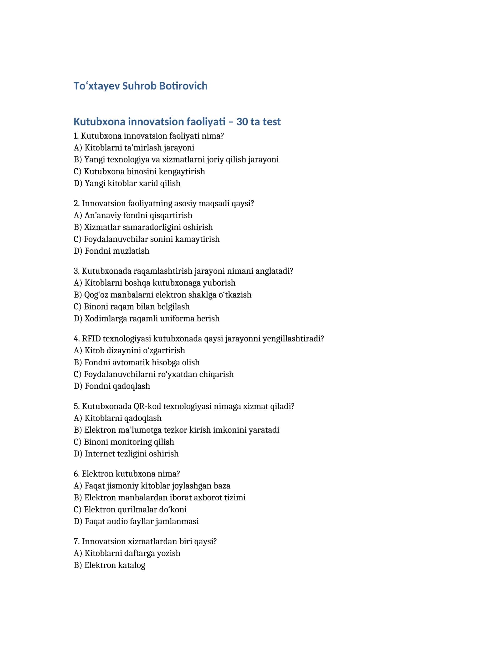 Kutubxona innovatsion faoliyati – 30 ta test