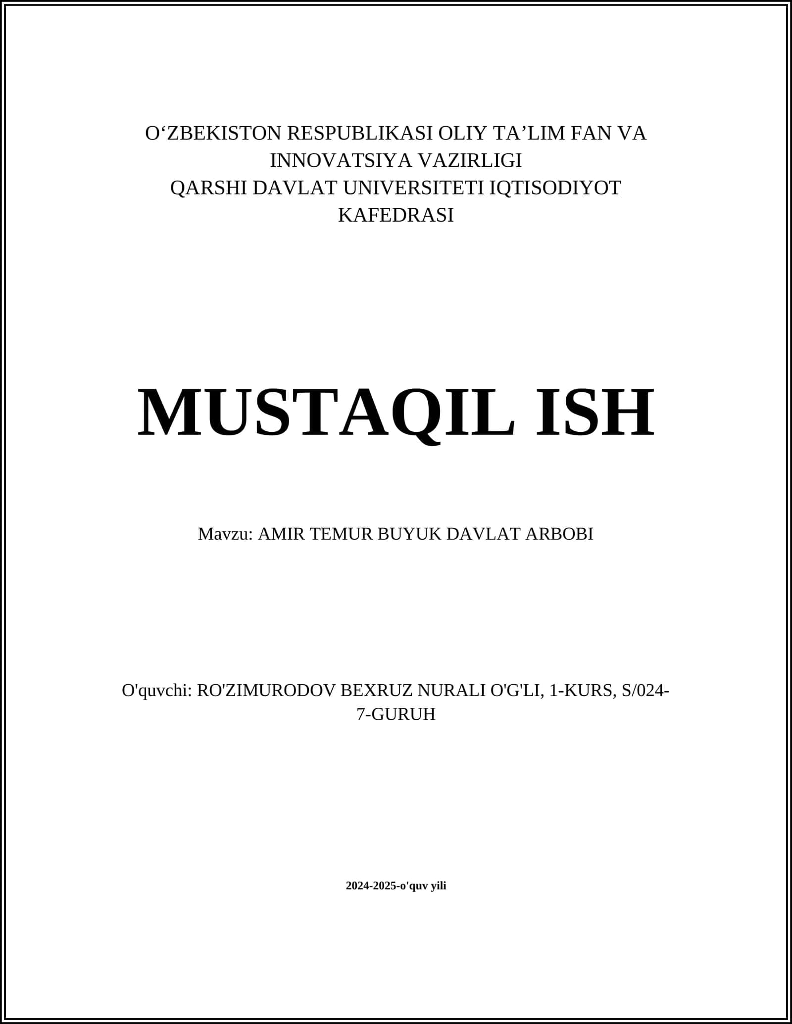 AMIR TEMUR BUYUK DAVLAT ARBOBI