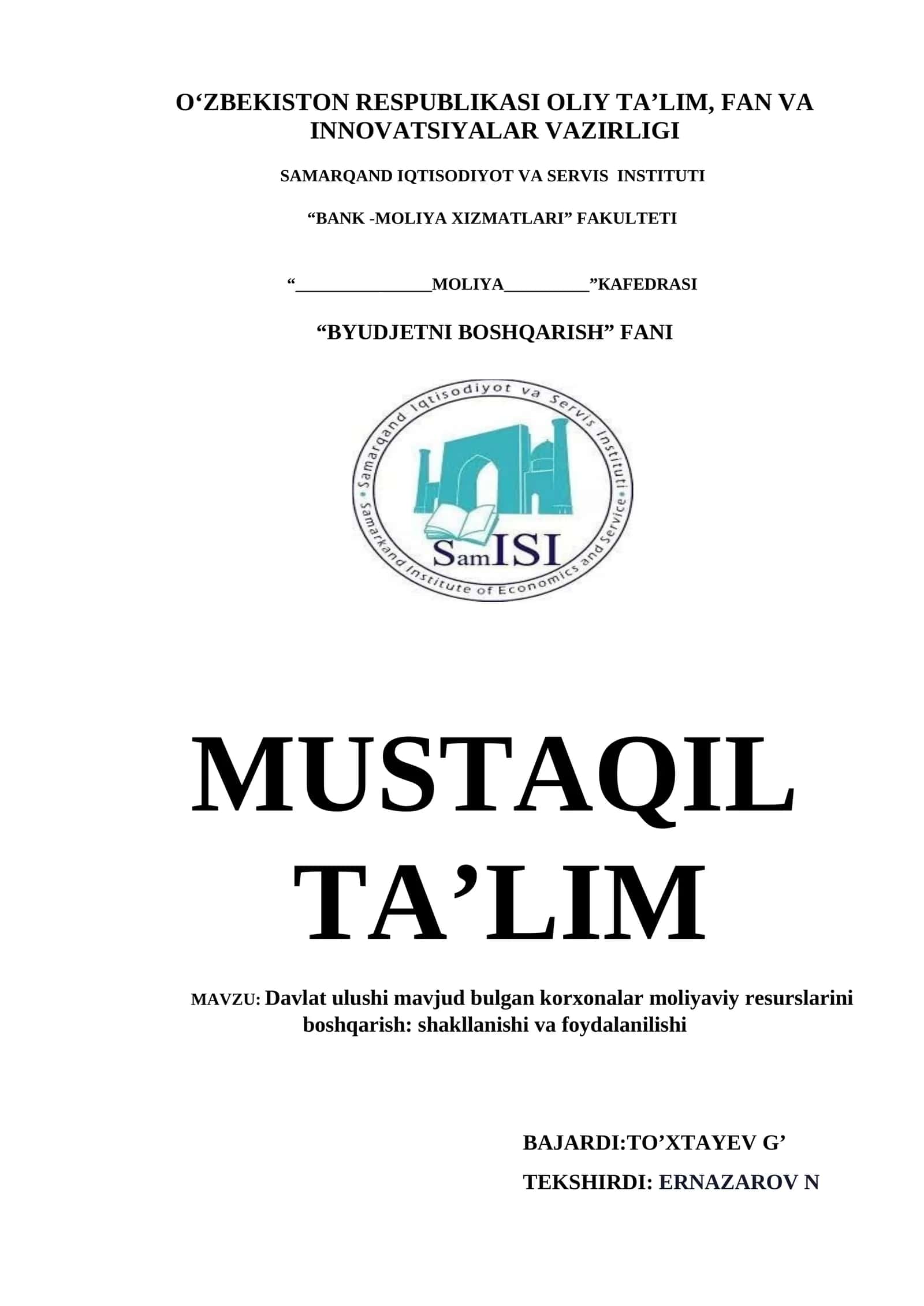 Davlat ulushi mavjud bulgan korхonalar moliyaviy rеsurslarini boshqarish: shakllanishi va foydalanilishi